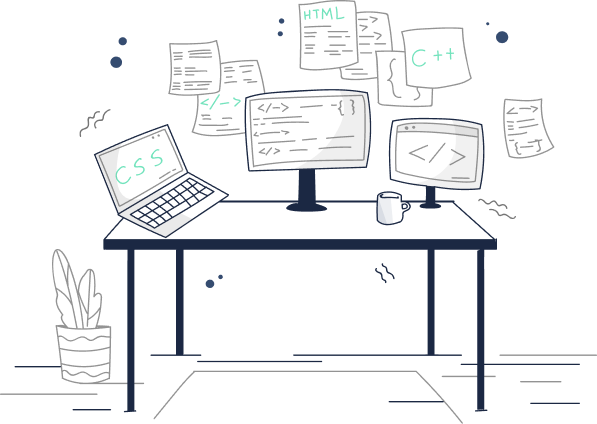Ilustracija jednog laptopa na kome piše CSS, dva monitora sa nekim crticama, jedna saksija cvijeća i osam papirića sa slinijama